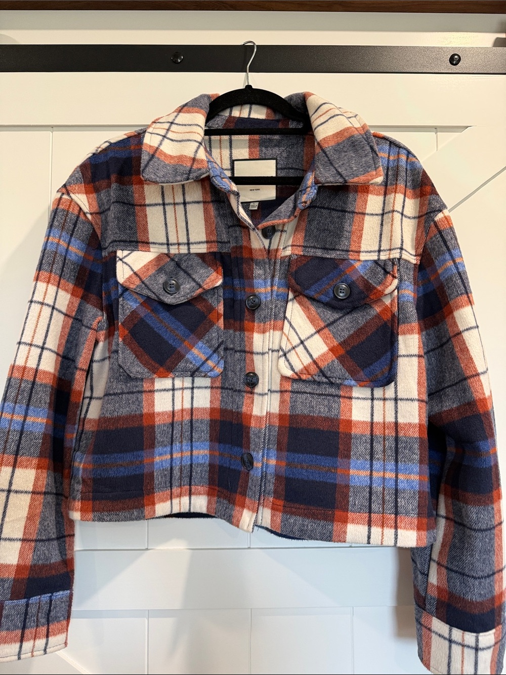 Plaid Cropped Jean Jacket in Navy, Rust & Cream by bagatelle